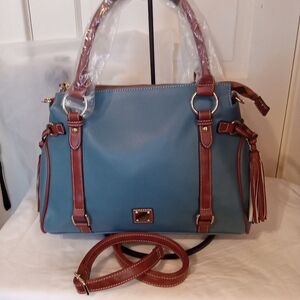 Blue and Brown Women's Handbag